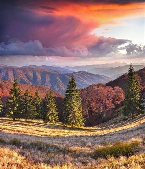 Colorful Autumn Sunrise in the Carpathian Mountains. Stock Photo ...