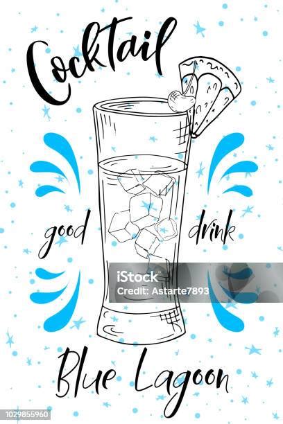 Blue Lagoon Cocktail Hand Drawn Drink On White Background Vector Illustration Stock Illustration