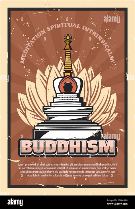 Buddhism Religion Retro Poster Vector Symbolic Stupa And Lotus Flower