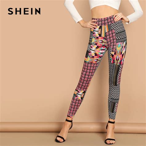 Shein Multicolor Casual Solid Geometric High Waist Patchwork Print Long