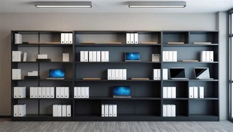 A Modern Office Workspace Featuring Organized Shelves And Technology