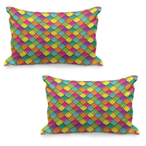 Geometric Quilted Pillowcover Set Of Vivid Colored Stained Glass