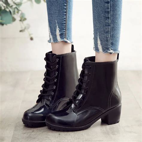 Rouroliu PVC High Heels Rain Boots Women Lace Up Waterproof Ankle ...