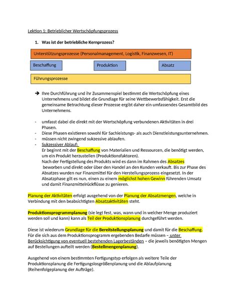 Lektion 1 Betrieblicher Wertschöpfungsprozess Eingangsfragen