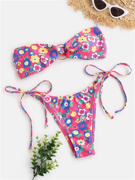 Floral Print Ring Linked Bandeau Bikini Swimsuit Shein Usa