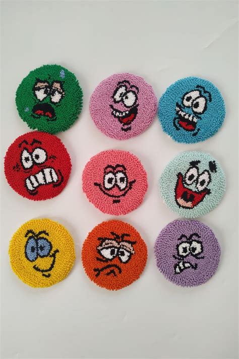 Hand Tufted Colorful Emoji Smiley Punch Needle Coaster Fun Etsy Punch Needle Handmade