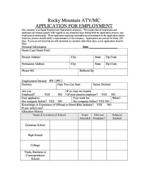 Fillable Online Rocky Mountain ATV MC APPLICATION FOR EMPLOYMENT Fax