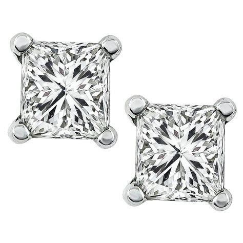 Princess Cut Diamond Platinum Stud Earrings For Sale at 1stDibs