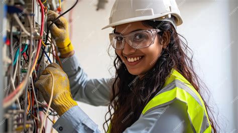 Premium Photo | A professional female electrician is smiling while ... 