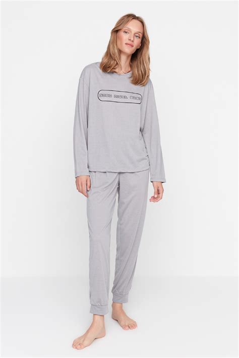 Trendyol Collection Pajama Set Gray With Slogan Trendyol