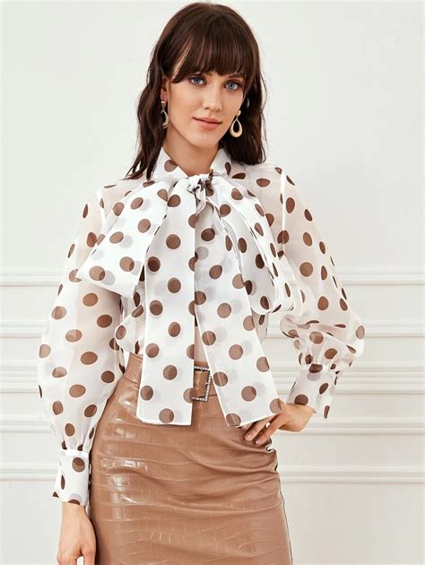 Tie Neck Polka Dot Sheer Top Shein Usa Belles Blouses Blouse