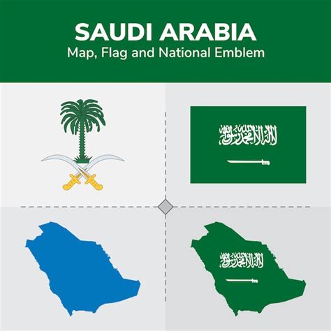 Mapa bandeira e emblema nacional da arábia saudita Vetor Premium