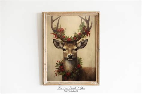 Deer Art Print, Reindeer Print, Vintage Reindeer, Deer Painting, Winter ...