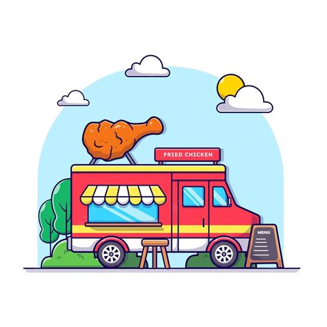 Premium Vector | Fried chicken truck in the park with big tasty donuts illustration cartoon ...