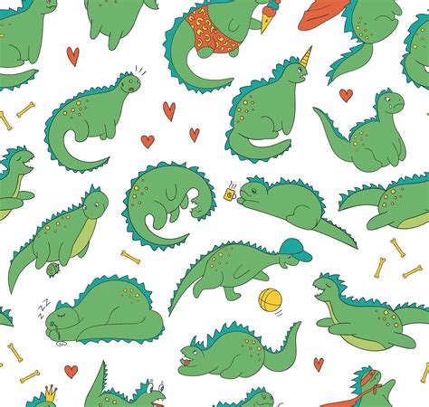 Vector Seamless Pattern Of Funny Colored Dinosaurs In Different Poses Comic Dino Background In