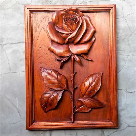 Love Rose Flower Hand Carved Wooden Wall Art Sculpture Decoration