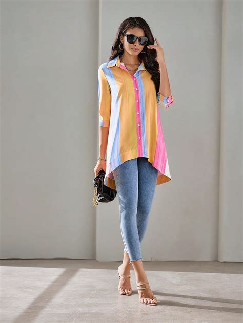 Colorblock Button Front High Low Hem Shirt SHEIN USA