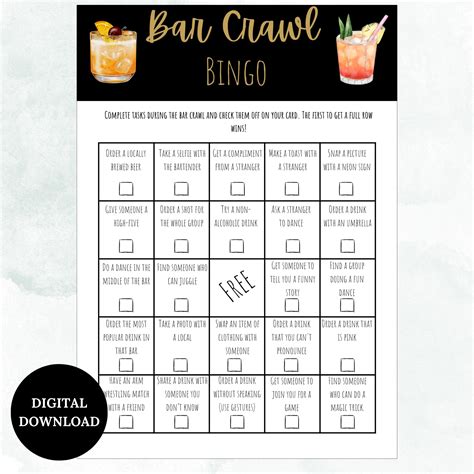 Bar Crawl Bingo | Fun Printable Game for Bachelorette Parties, Pub