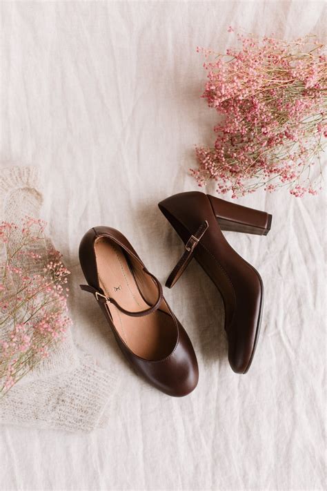 Mary Jane Heels Chocolate Brown Genuine Leather Shoes Retro Heels