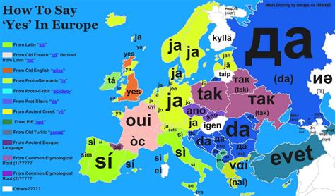 Map Of How To Say Yes In The Countries Of Europe Map Of Europe