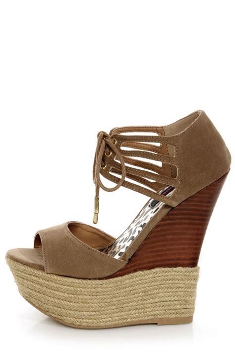 Dollhouse Hotstuff Nude Lace Up Ankle Cuff Platform Wedges 49 00 Lulus