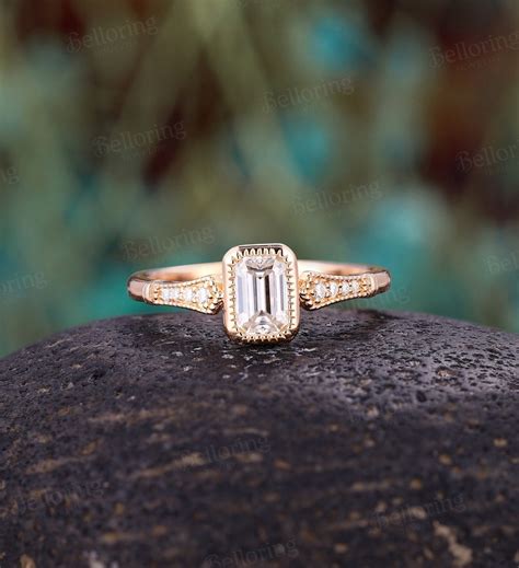 Art Deco Emerald Cut Moissanite Engagement Ring Rose Gold Etsy