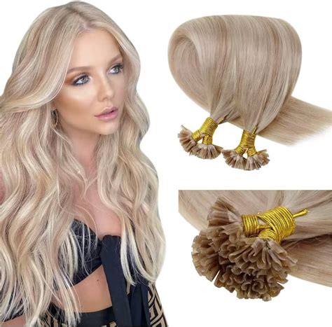 Laavoo 24 Inch Keratin Hair Extensions Human Hair Ash Blonde Highlights Light