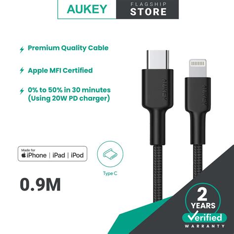 Aukey Cb Cl Mfi Braided Nylon Usb C To Lightning Cable Fast Charge