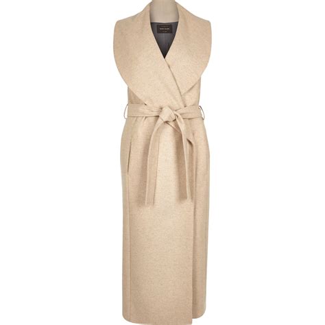 River Island Cream Sleeveless Belted Wrap Coat In Beige Cream Lyst