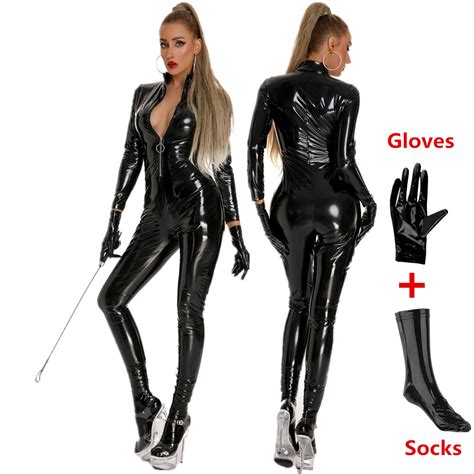 Jumpsuit Pvc Lengan Panjang Kulit Imitasi Wetlook Hitam Dengan Lingerie Erotis Ritsleting