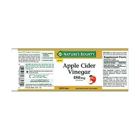 Natures Bounty Apple Cider Vinegar 480mg Pills Vegetarian Supplement Plant Based 200 Tablets