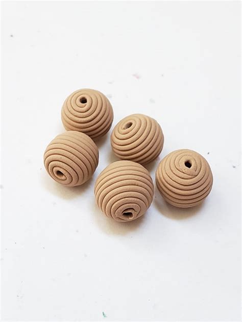 Tan Round Polymer Clay Coil Beads Set Of Five 10mm Handmade Etsy