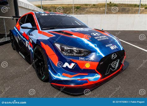 Modern Hyundai Electric Racing Car In Circuit Paddock Full Length