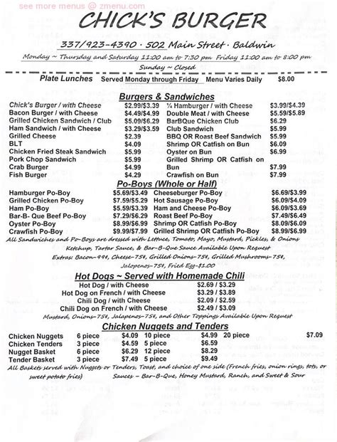 Online Menu Of Chicks Burgers Restaurant Baldwin Louisiana 70514 Zmenu