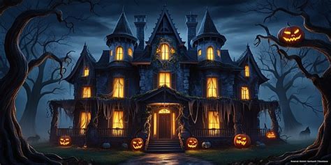 A Spooky House With Pumpkins On The Front Background House With