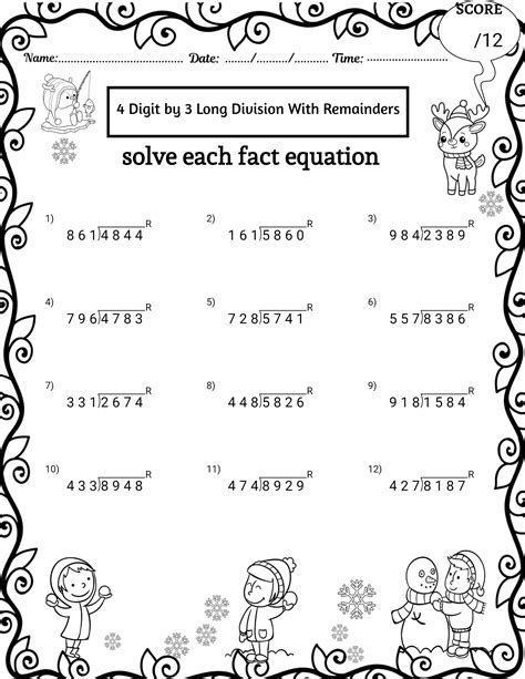 Winter 4 Digit By 3 Digit Long Division Worksheets No Remainders