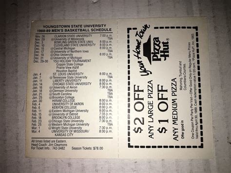 1988-89 YOUNGSTOWN STATE PENGUINS BASKETBALL SCHEDULE SKED - PIZZA HUT ...