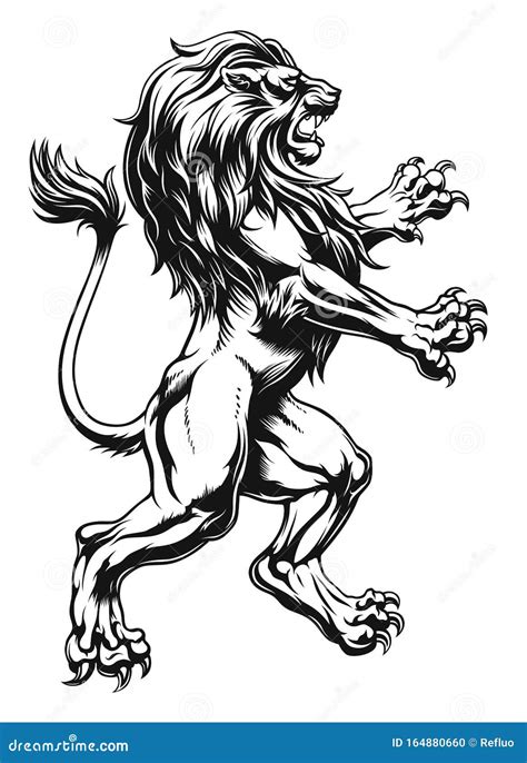 Heraldic Lion Standing Rampant On Hind Legs Cartoon Vector