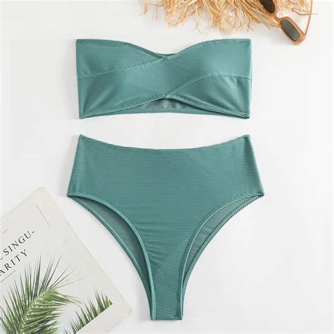 Strapless High Waist Green Ribbed Bikini On Luulla