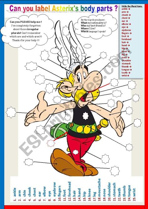 Asterixs Body Parts Plural Esl Worksheet By Karagozian