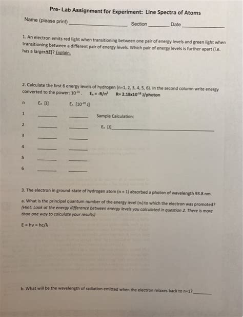 Solved Pre Lab Assignment For Experiment Line Spectra Of Chegg