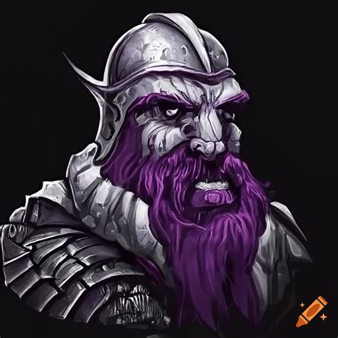 Duergar Dwarf With Purple Skin Wearing Full Armor With A Black Beard