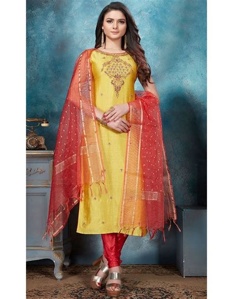 Yellow Readymade Churidar Kameez Suit Chanderi Silk Churidar Utsav