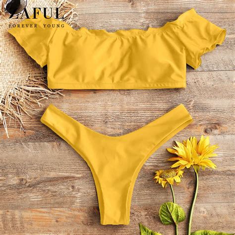 ZAFUL Lettuce Trim Off Shoulder Thong Bikini Set Solid Color Sexy