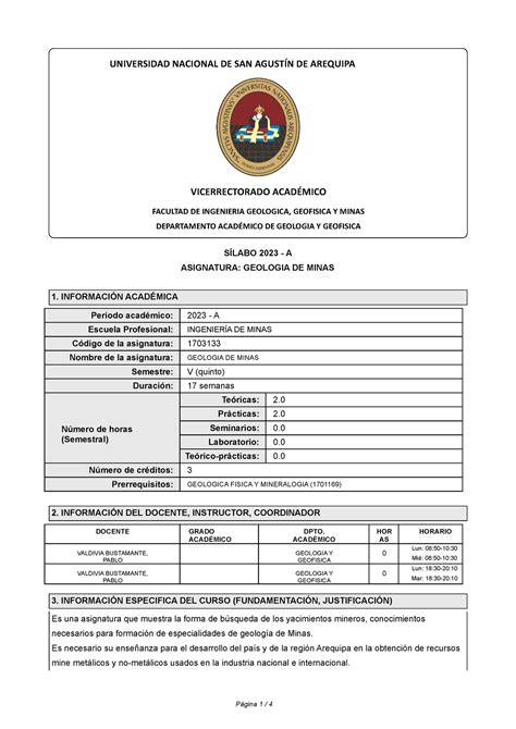 Silabo Geologia De Minas A S Labo A Asignatura