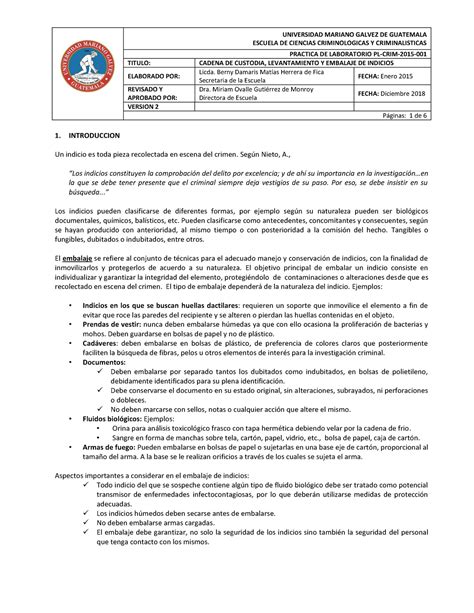 Práctica No 1 Cadena de custodia levantamiento y embalaje de indicios