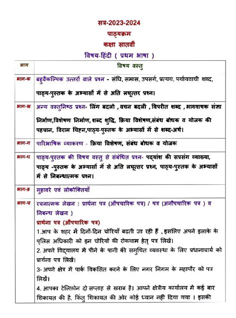 Pseb Class 7th Hindi First Language Syllabus 2024 Pdf