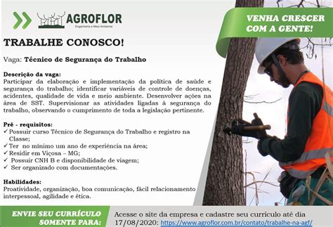 Vaga Técnico Segurança do Trabalho AGROFLOR Engenharia e Meio