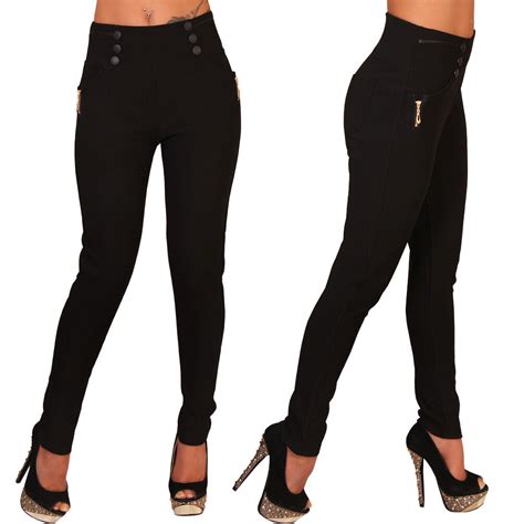 Stretch Hose Breiter Bund Treggings Leggings R Hre Stoff Leggins Knopf