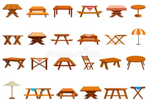 Wooden Table Picnic Icons Set Cartoon Vector. Empty Garden Stock Vector - Illustration of lunch ...